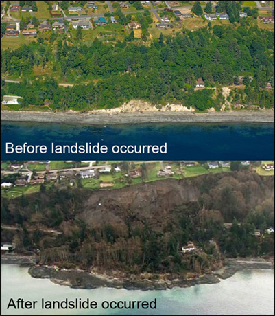Whidbey Island WA 2013 mudslide before after